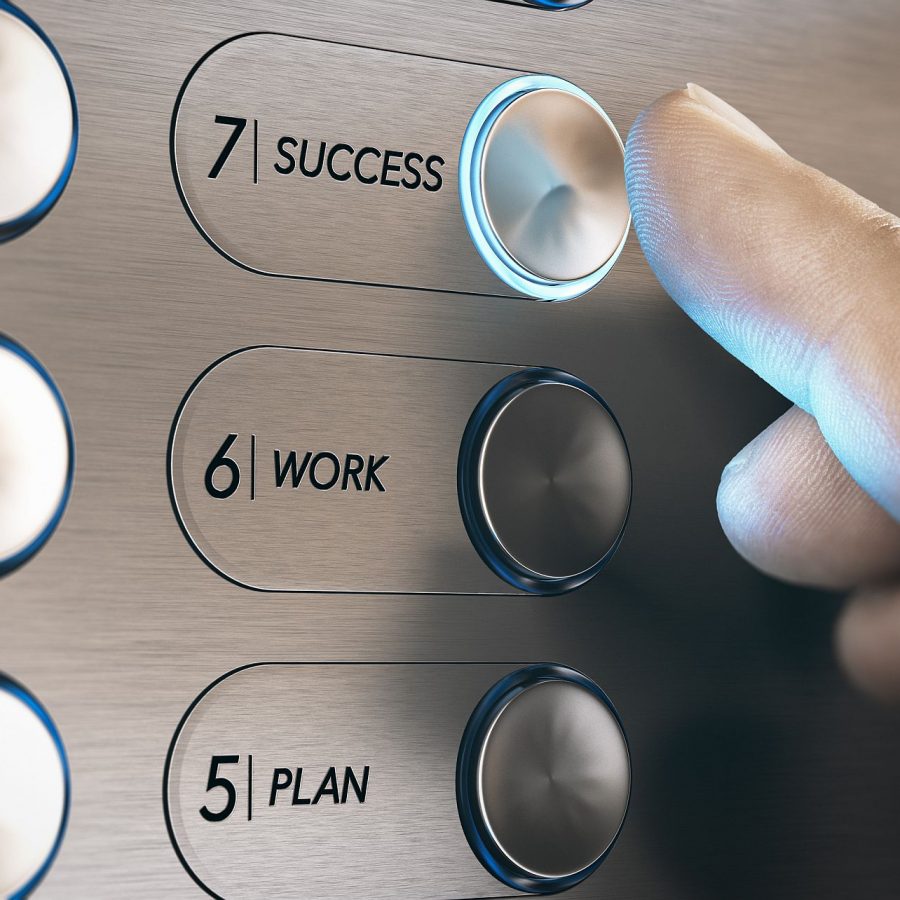 Man pushing an elevator button where it is written he word success. Successful career evolution concept. Composite image between a hand photography and a 3D background.